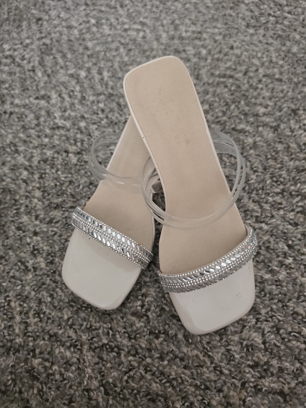 Women’s Slip On Strappy Square Toe Block Heel Sandals Rhinestone, 7